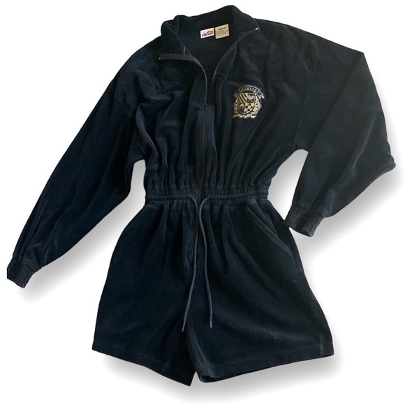 ELLESSE Vintage Romper Black Velour Long Sleeved Size Small Gothic - Picture 2 of 13